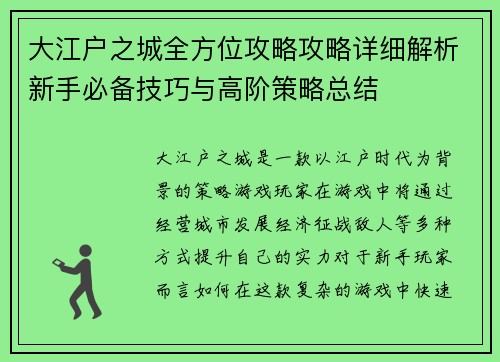 大江户之城全方位攻略攻略详细解析新手必备技巧与高阶策略总结